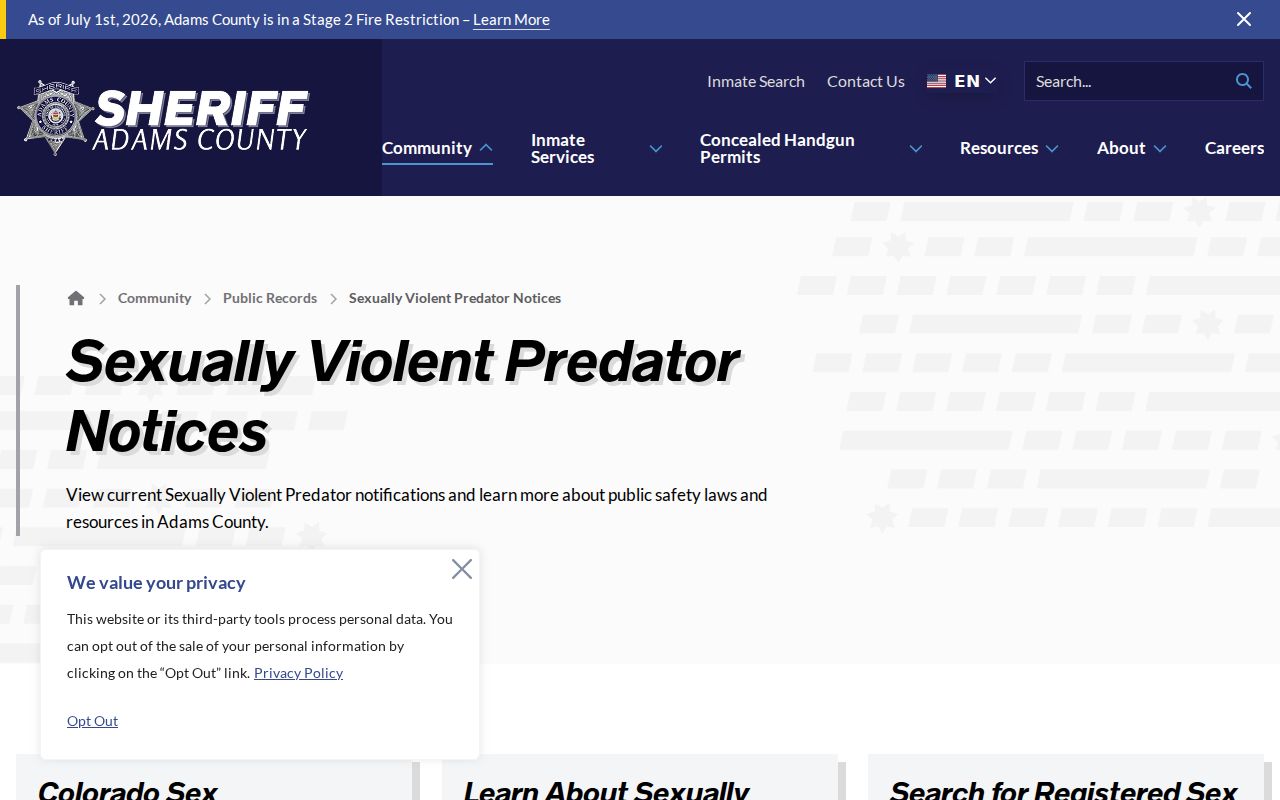 Adams County Sheriff sexually violent predator community notice page