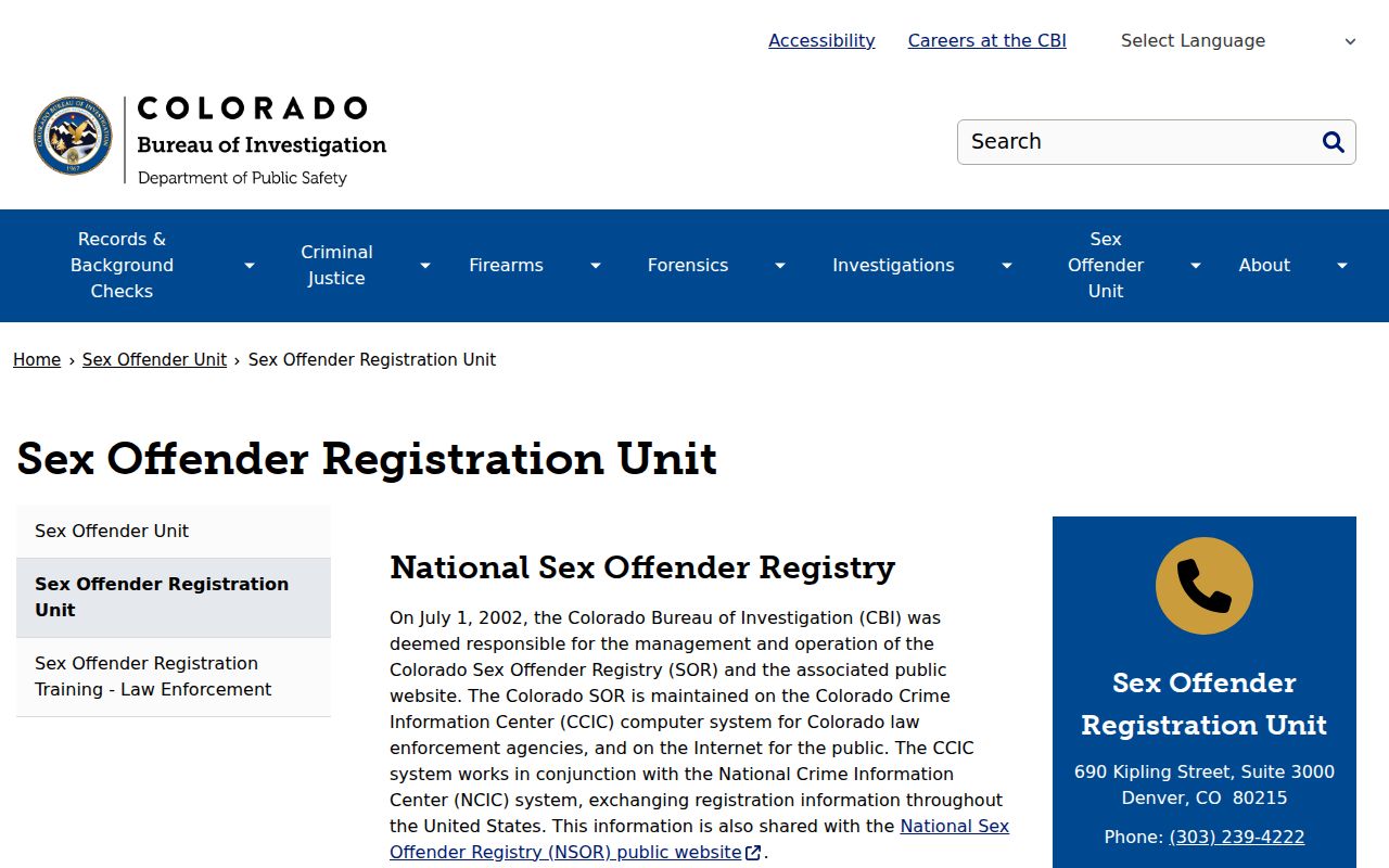 Colorado Bureau of Investigation sex offender registration guidance for Adams County searches