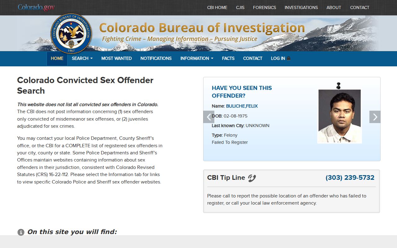 Colorado Sex Offender Registry search form for an Adams County lookup