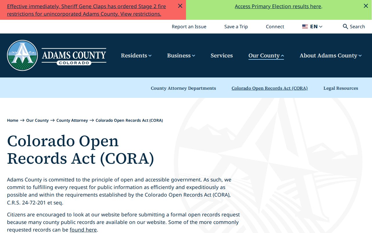 Adams County Colorado Open Records Act request page