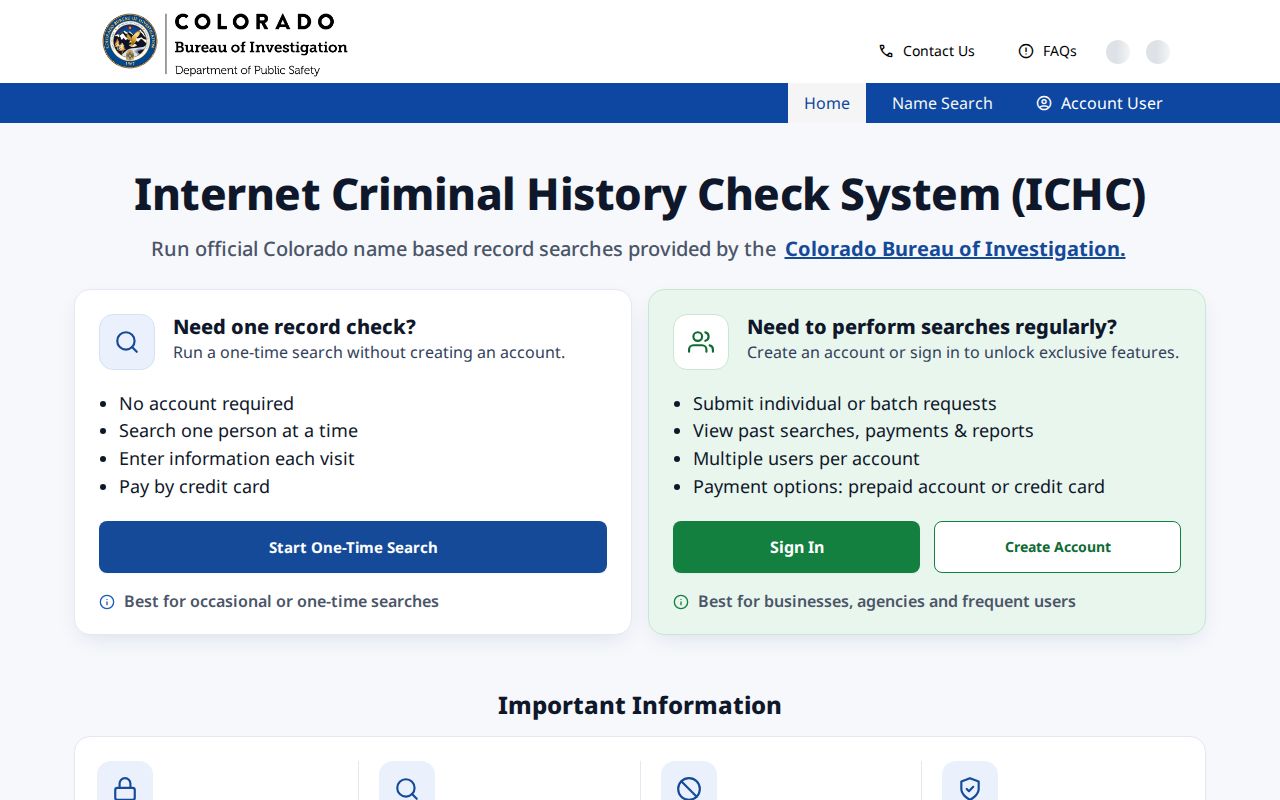 Colorado Bureau of Investigation ICHC name search interface